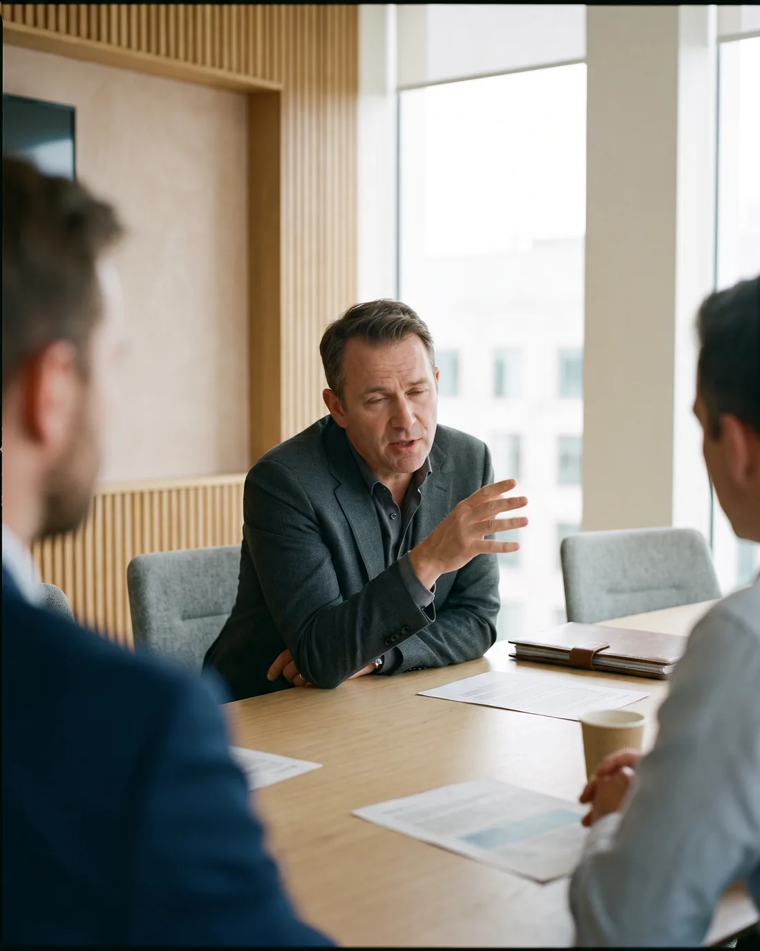 A senior CRO reviewing the work in a calm Cayman Islands boardroom